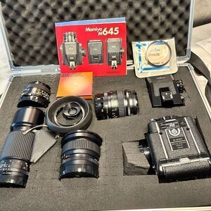 Vintage Mamiya M645 Medium Format Film Camera W/ 4 Lenses 2 Keys & Case Black OS
